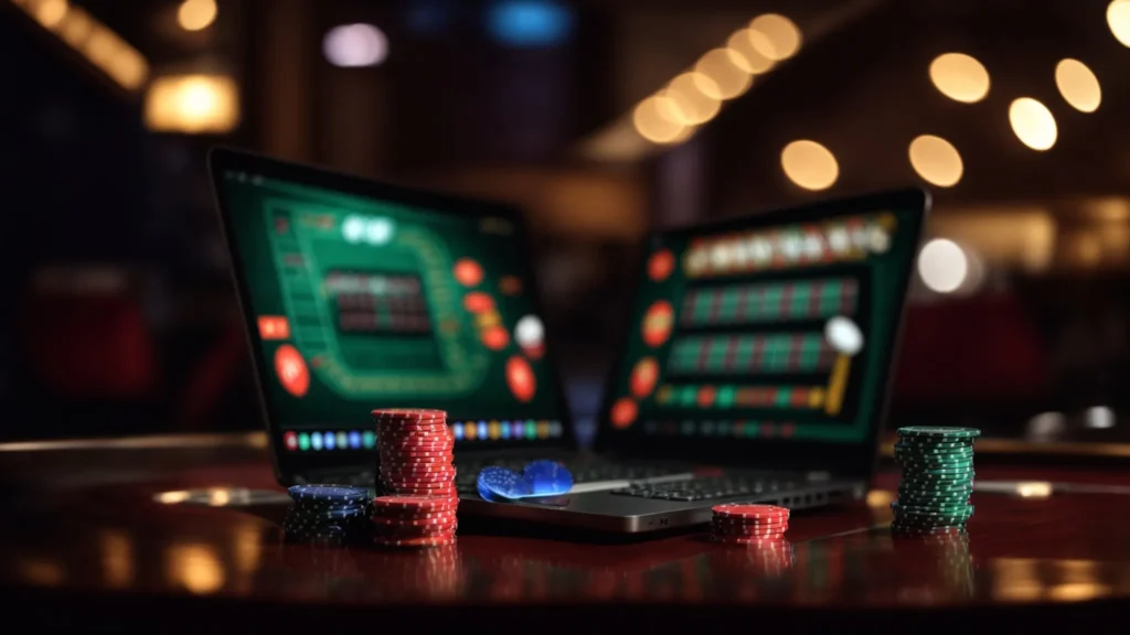 a laptop with a roulette wheel on the screen, surrounded by virtual poker chips and card symbols, sits on a table against a blurred background of casino lights.