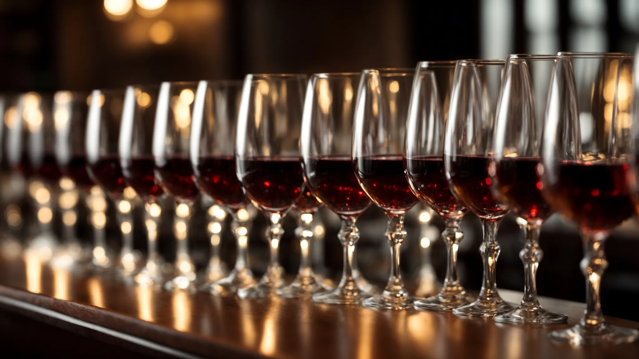 Elegant wine glasses arranged on a polished bar, high-end wine bar ambiance.