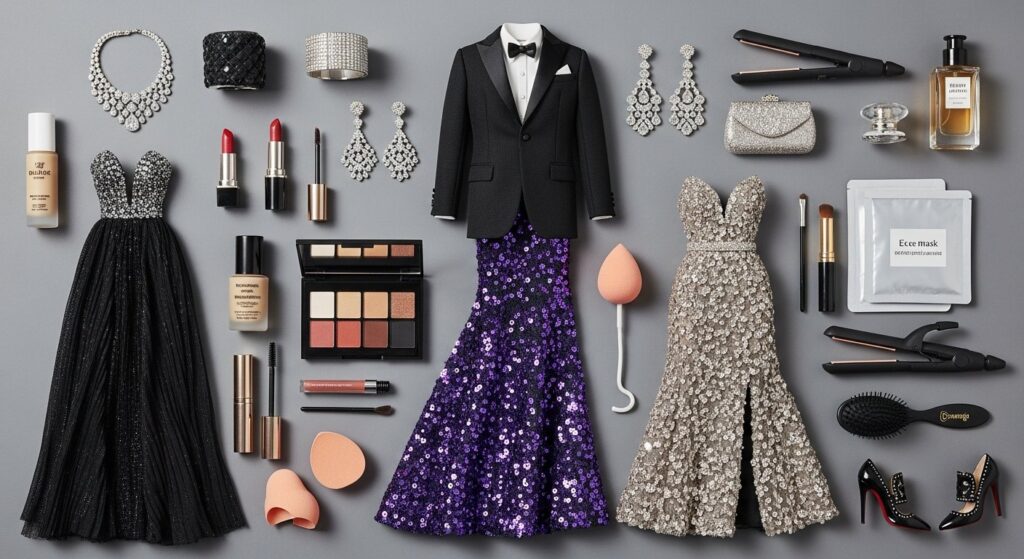 Illustration of celebrities getting red carpet ready with hair, makeup and jewelry &mdash; celebrity style feature