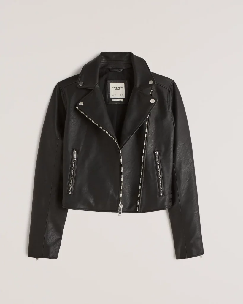 Faux leather moto jacket style detail and design
