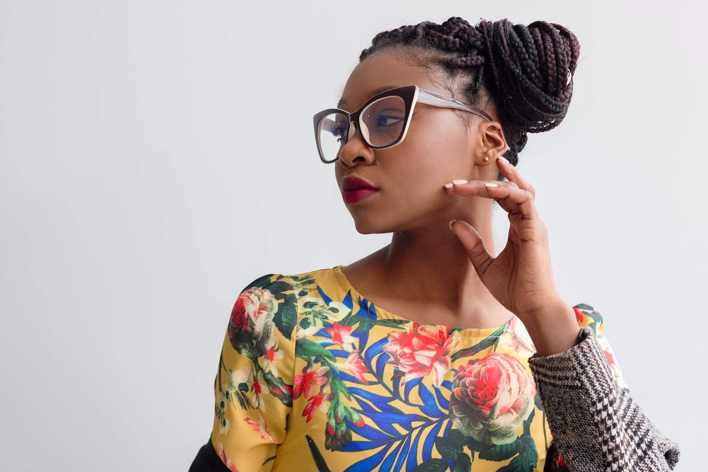 a woman wearing glasses
