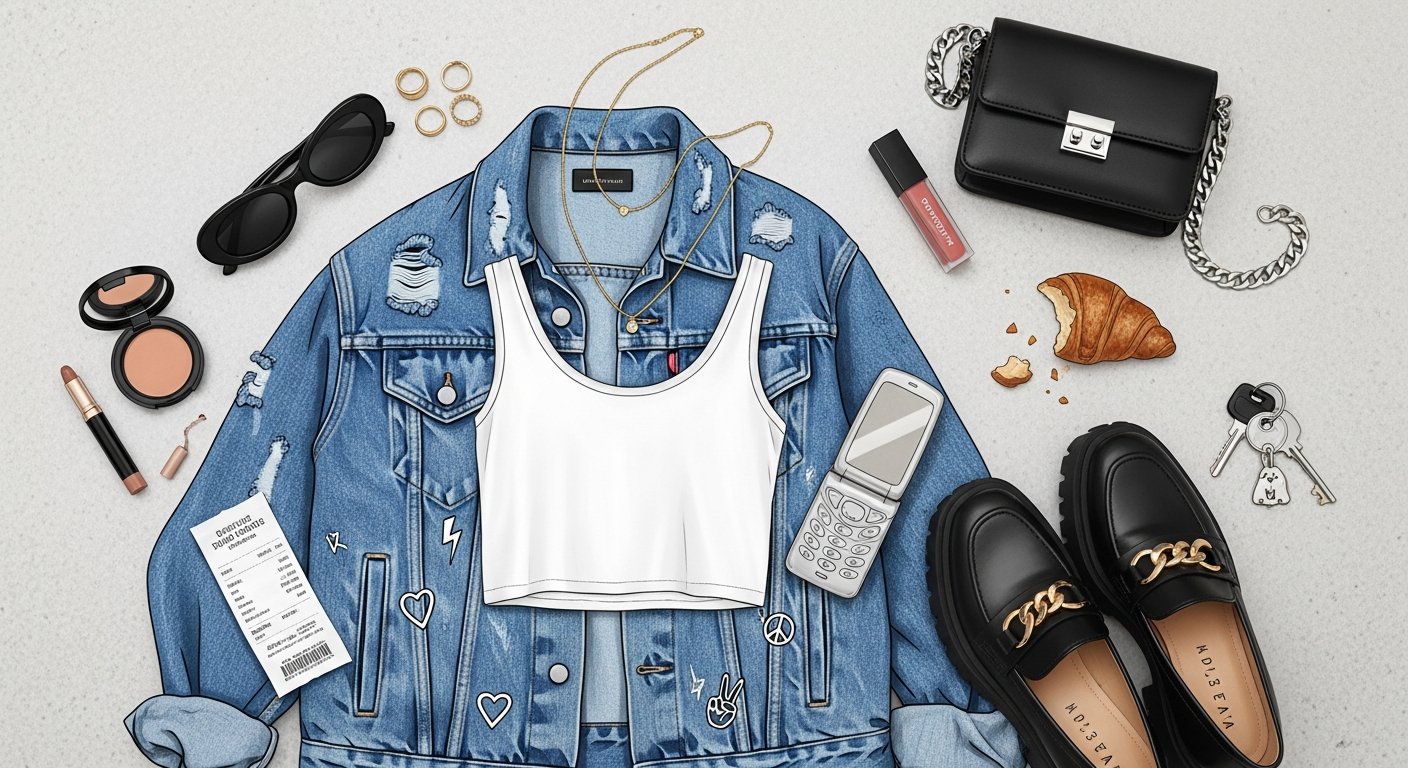Hailey Bieber street-style illustration wearing layered necklaces and rings, celebrity jewelry feature